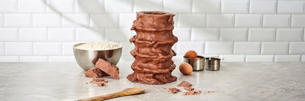Baumkuchen mit Vollmilchschokolade neben Schokoladenstücken und Eiern