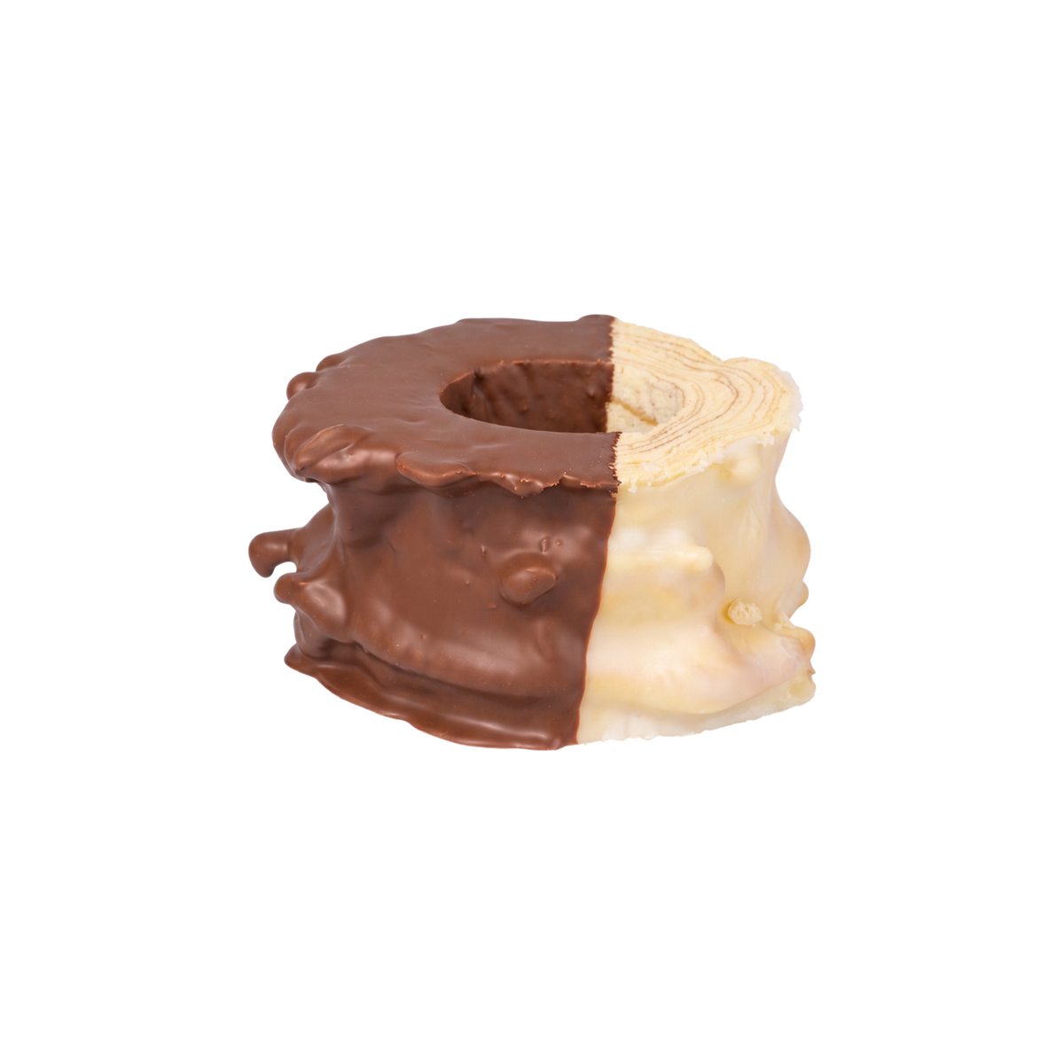 Baumkuchen halb mit Fondant, halb mit Vollmilchschokolade überzogen, 2 Ringe