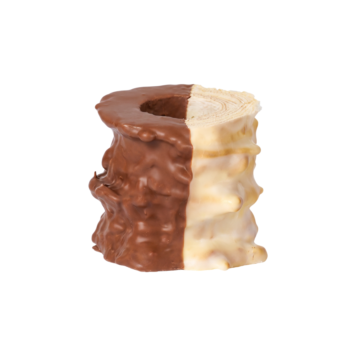 Baumkuchen halb mit Fondant, halb mit Vollmilchschokolade überzogen, 3 Ringe
