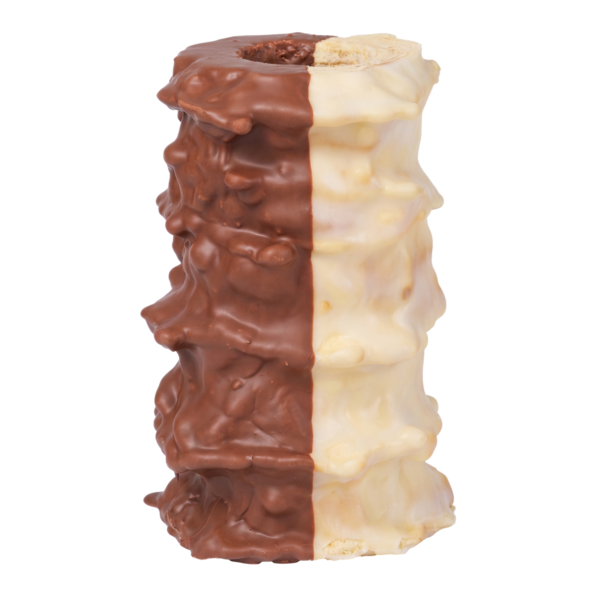 Baumkuchen halb mit Fondant, halb mit Vollmilchschokolade überzogen, 5 Ringe