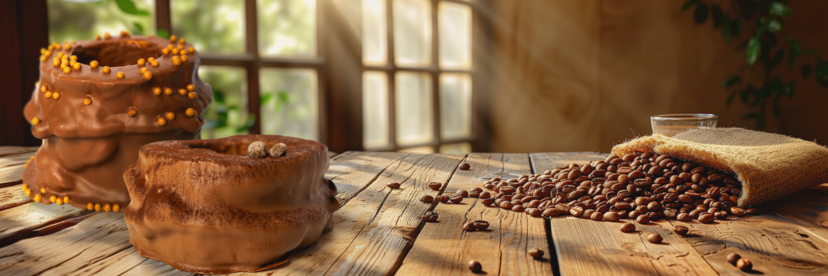 Baumkuchen Cappuccino auf einem Holztisch neben Kaffeebohnen